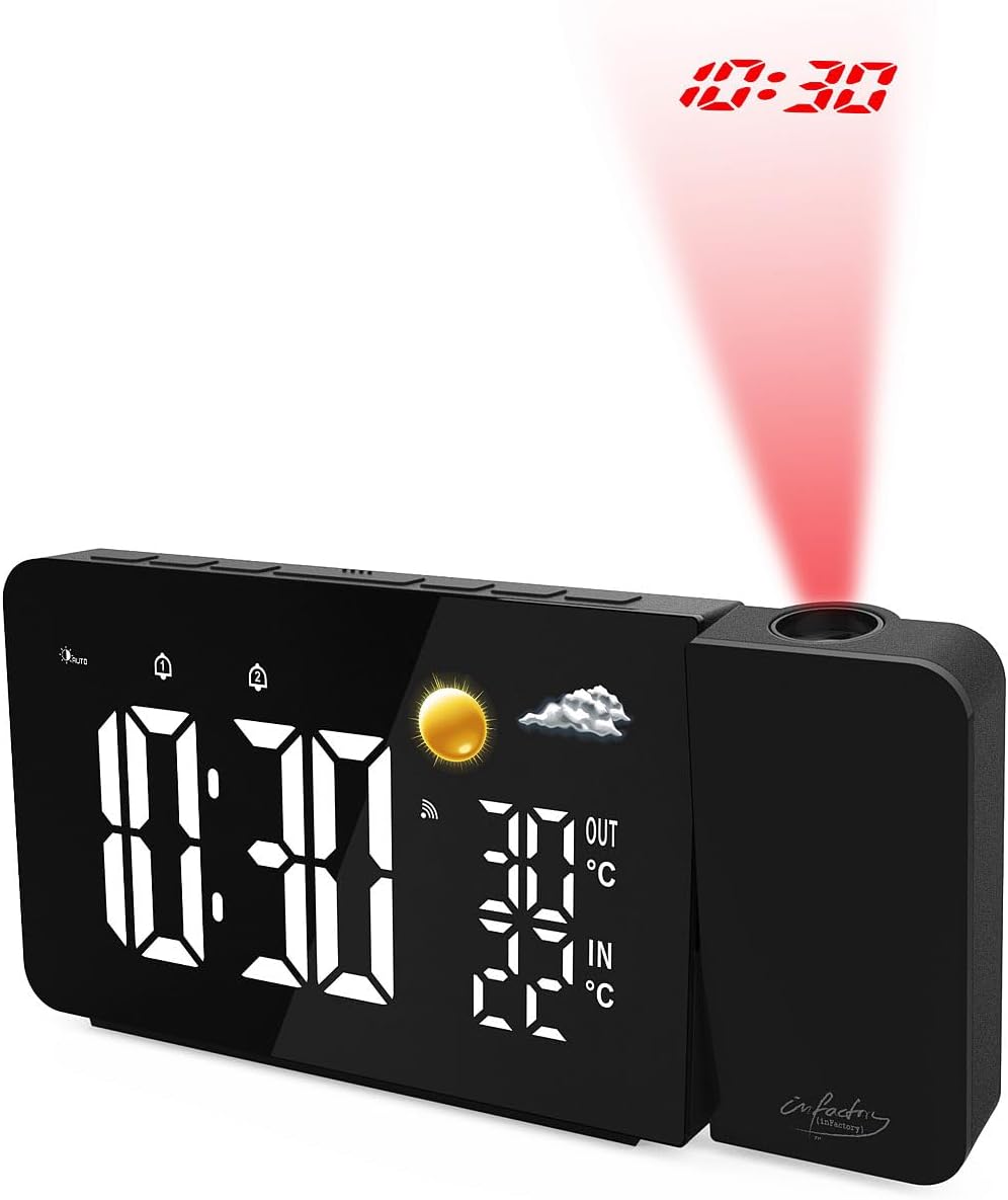 infactory Uhr Projektor: Funk-Wetterstation mit Projektionswecker, Aussensensor, USB, schwarz (Duala