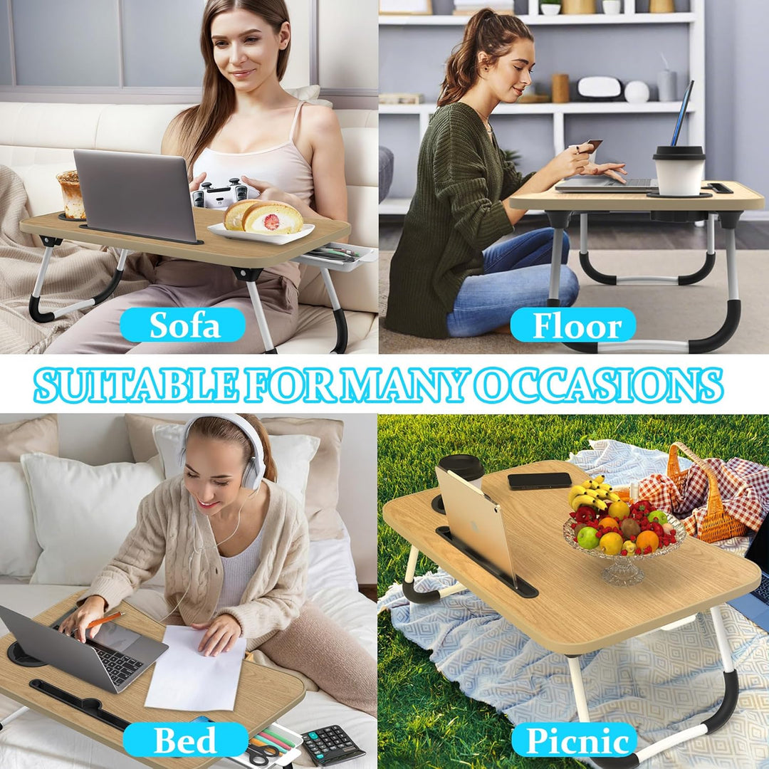 Soontrans Laptoptisch, 60 x 40 x 28 cm, Laptop Tisch mit Tablethalter, Schublade, Getränkehalter, Be