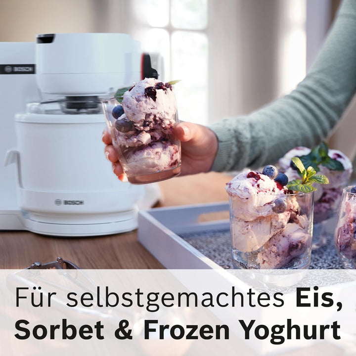 Bosch Eisbereiter MUZS2EB, 550ml, selbstgemachtes Eis, Sorbet und Frozen Yoghurt, weiss, Spritzschut