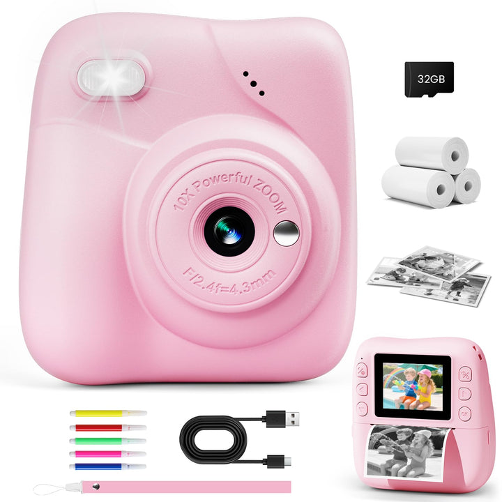 CAMCLID Kinderkamera Sofortbildkamera, 1080P Sofortbildkamera Kinder mit 32GB Karte & 3 Rollen Druck