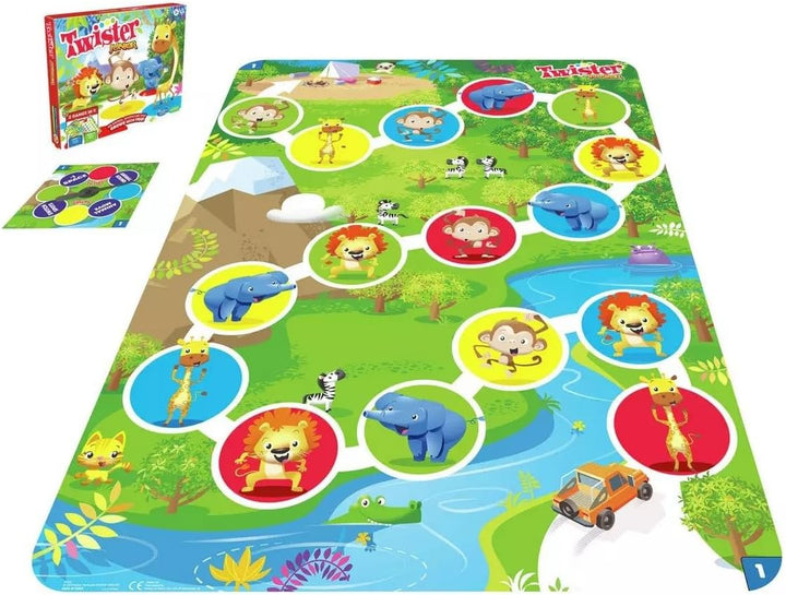 Twister Junior Spiel, Tierabenteuer 2-seitige Matte, 2 Spiele in 1, Partyspiel, Indoor-Spiel für 2-4