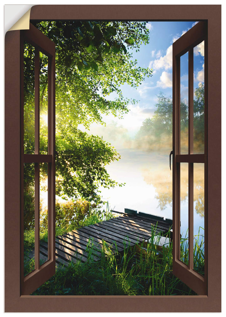 ARTland Wandbild selbstklebend Vinylfolie 70x100 cm Fensterblick Fenster Landschaft Wald Natur See A