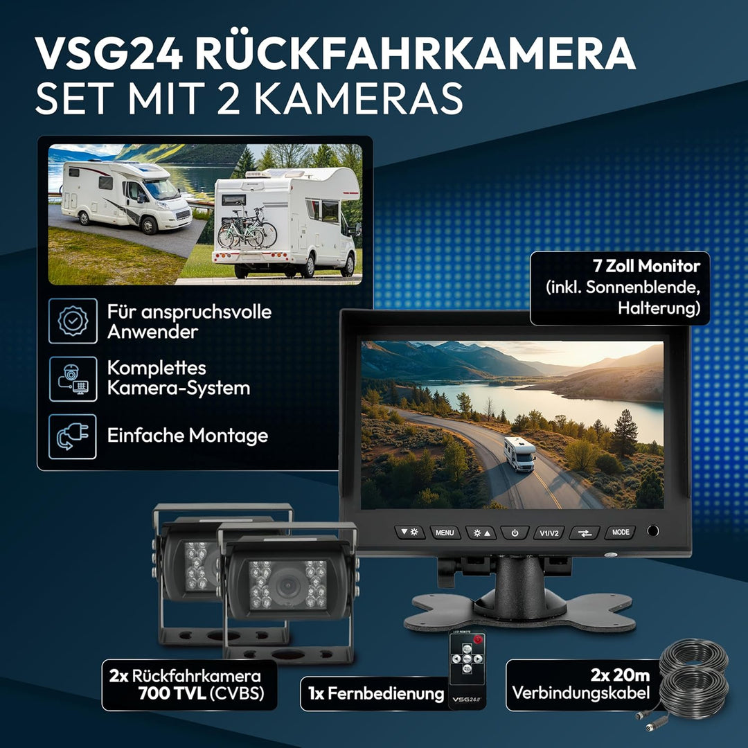 VSG24 Rückfahrkamera Set für Wohnmobile &amp; Camper mit 2 Kameras und 7 Zoll Monitor – kabelgebunden, w