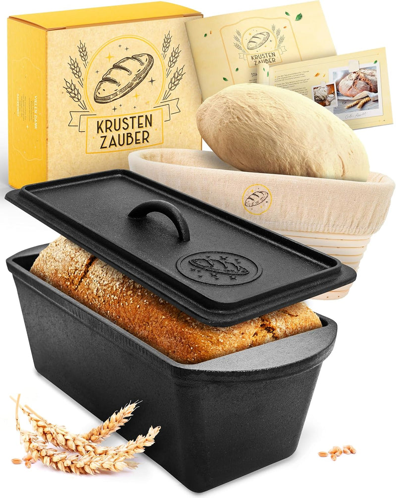 KRUSTENZAUBER Brotbackform mit Deckel inkl. Gärkorb - Robuste 28cm Backform aus Gusseisen - Ideal al