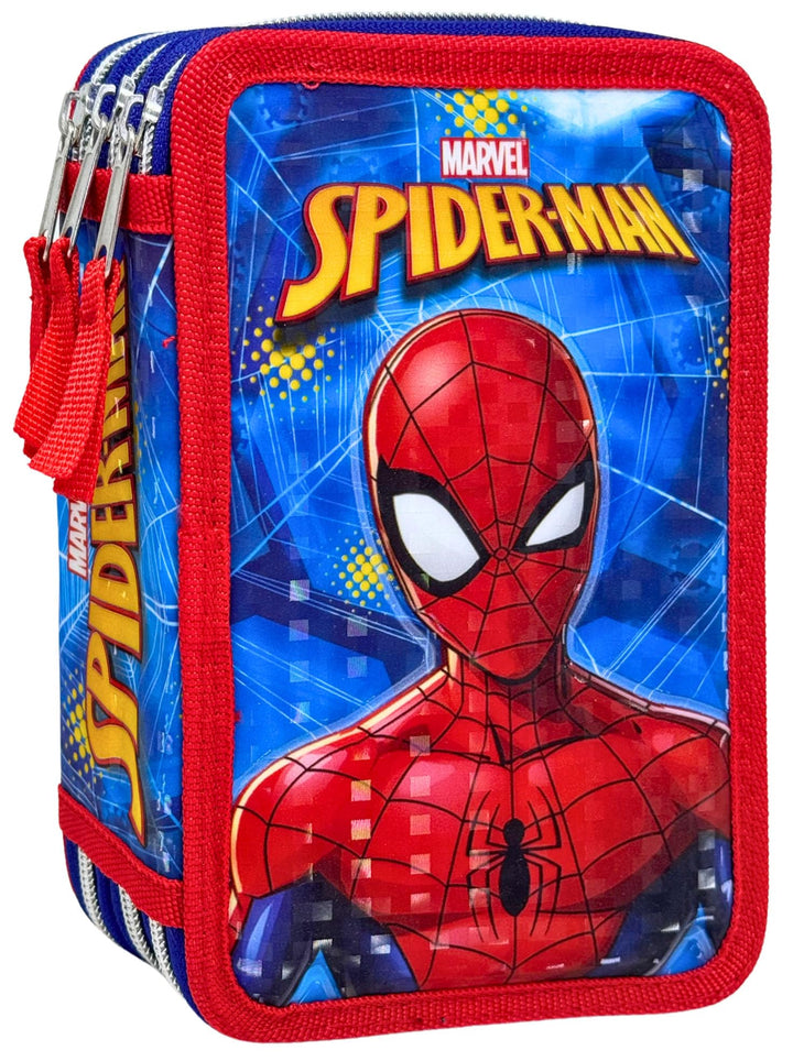Clondo 3D Federmäppchen mit 3 Fächern für Kinder, für Spiderman Fan A, dreifach gefüllt, 44 Schulzub