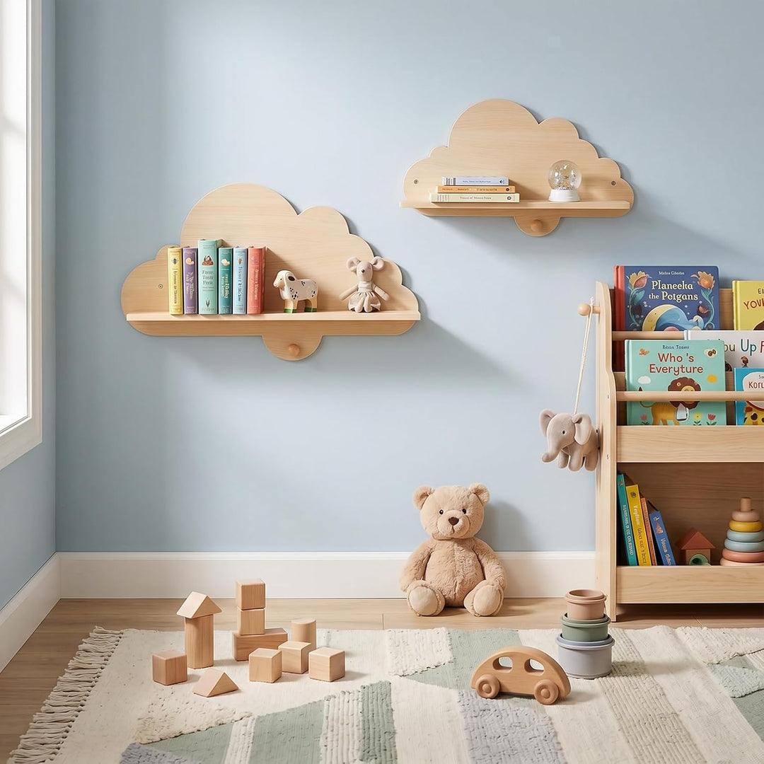 COSTWAY 2er Set Wandregal Kinder, Schweberegal im Wolkenform aus Massivholz, wandmontiertes Kinderre