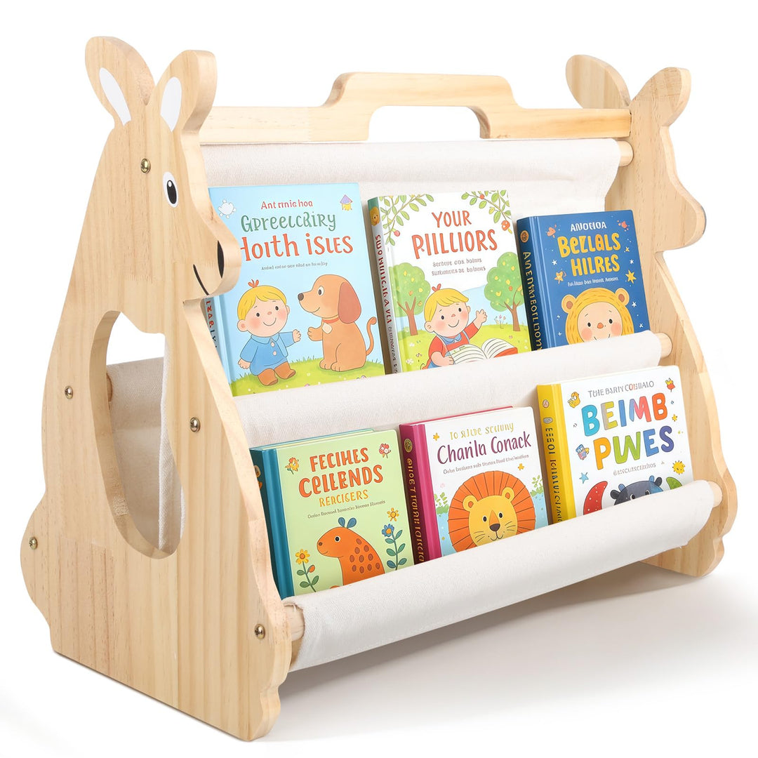 Bücherregal Kinder, Montessori Regal mit Doppelter Seite Holzregal Bücherkiste Tragbar mit Griff Off