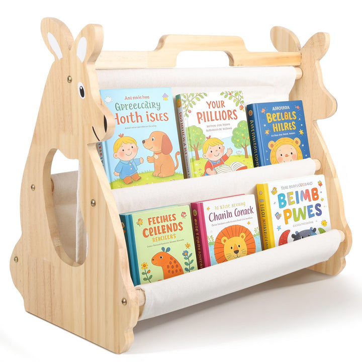 Bücherregal Kinder, Montessori Regal mit Doppelter Seite Holzregal Bücherkiste Tragbar mit Griff Off