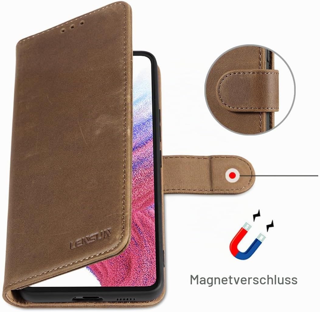LENSUN Lederhülle für Samsung Galaxy A53, Echtleder Hülle [Echtes Leder][Stand-Funktion][RFID Schutz