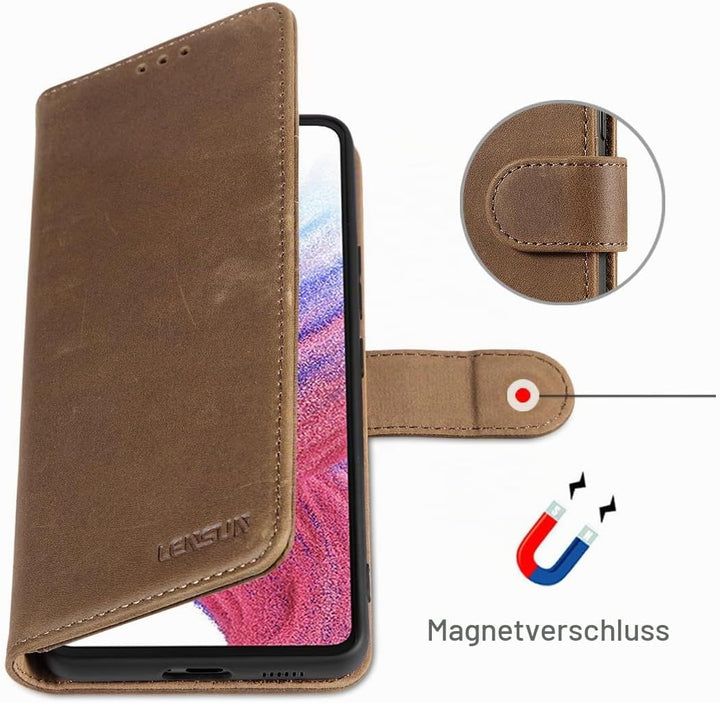 LENSUN Lederhülle für Samsung Galaxy A53, Echtleder Hülle [Echtes Leder][Stand-Funktion][RFID Schutz