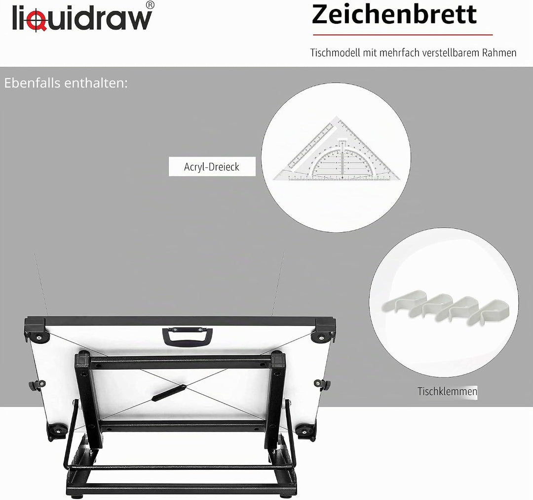 Liquidraw A1 Zeichenbrett Parallelbewegung, 88,9 x 63,5 cm, 6 verstellbare Arbeitswinkel, inkl. Clip
