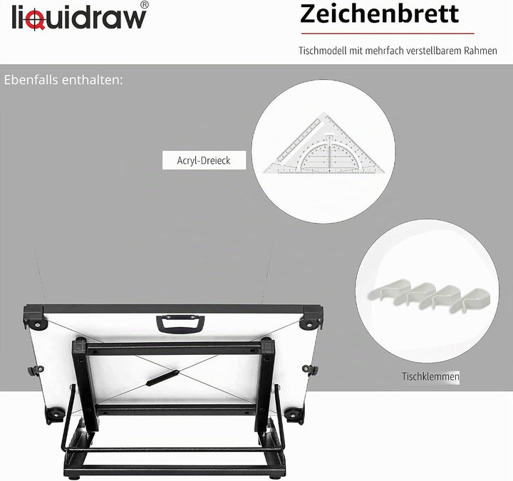 Liquidraw A1 Zeichenbrett Parallelbewegung, 88,9 x 63,5 cm, 6 verstellbare Arbeitswinkel, inkl. Clip