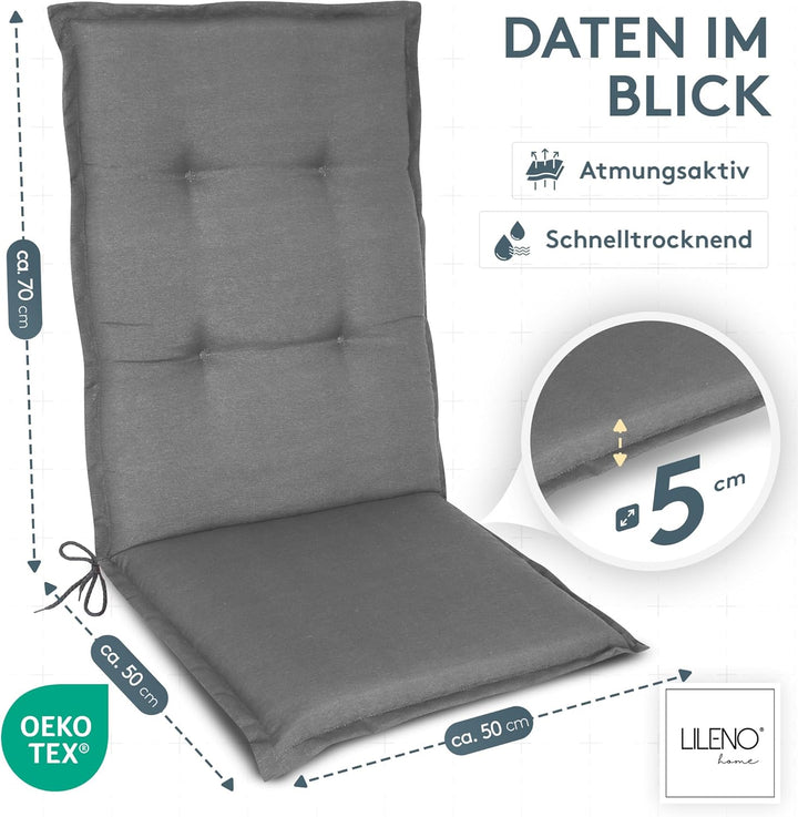 LILENO HOME Gartenstuhl Auflagen als [2er Set - Hochlehner] in Uni Mittelgrau (Tami) - Bequeme Liege
