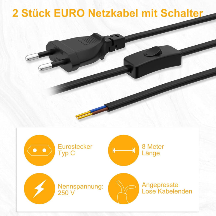 Euro Netzkabel mit Schalter [2 Stück], 8 Meter Euro Stecker Stromkabel, 2 X Ersatzkabel Anschlusskab