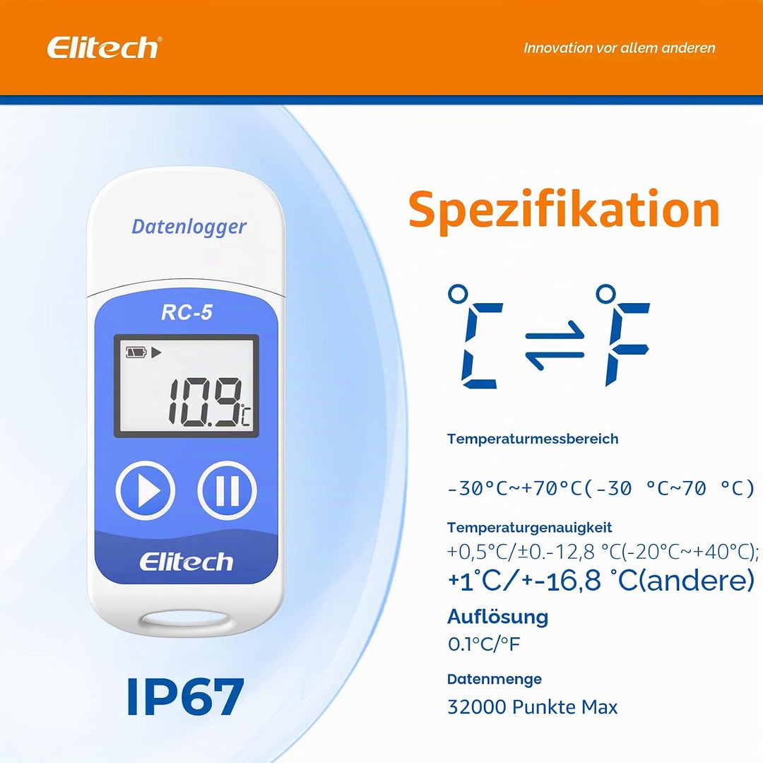 Elitech RC-5 Temperatur Datenlogger - Mini USB Temp Rekorder Interner Externer Sensor Hohe Genauigke