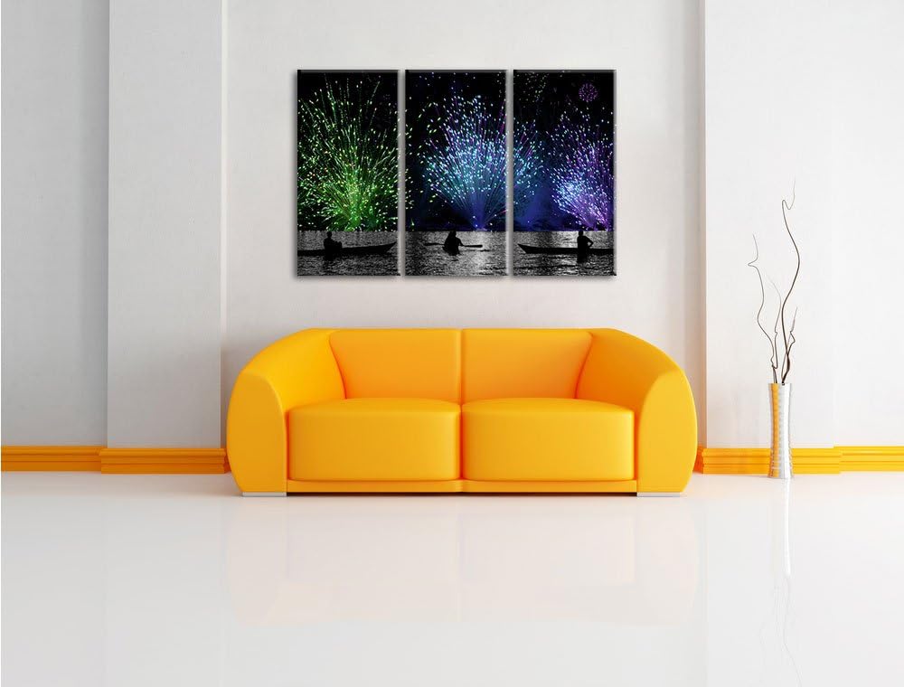 Pixxprint Feuerwerk auf dem Wasser / 3-Teilig/Gesamtmass 120cm Leinwandbild bespannt auf Holzrahmen/