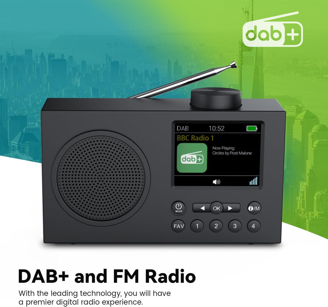 DAB Radio mit Bluetooth, DAB Plus Radio mit 3" Grosses TFT Display, Rechargeable Dab+ Radio Klein, K