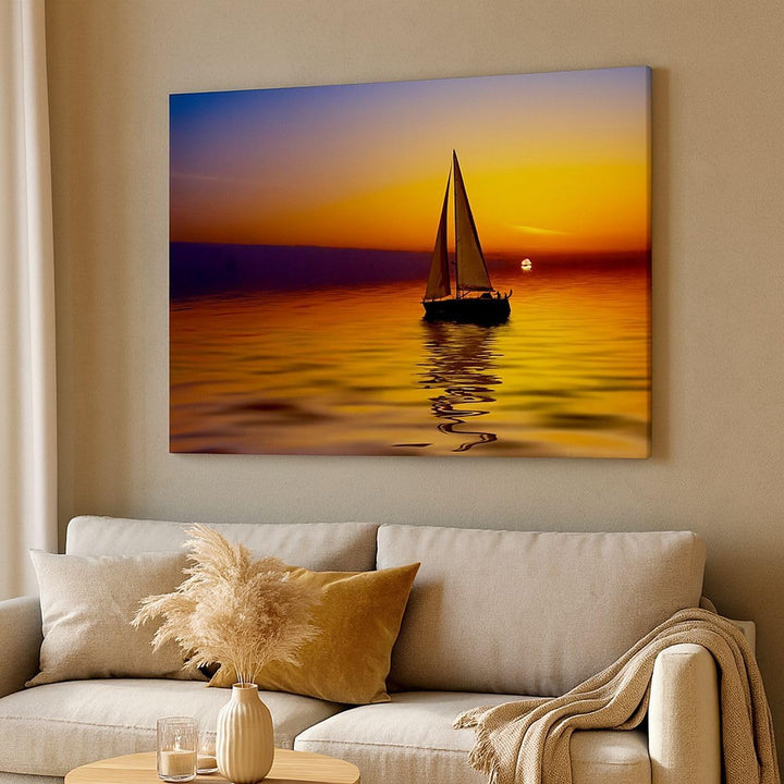 Bilder auf Leinwand 100x70cm Leinwandbild Boot Sonnenuntergang Landschaft Gross Wanddeko Bild Schlaf