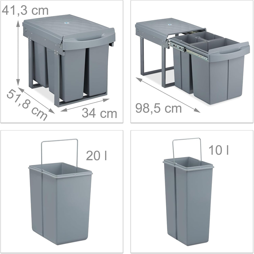 Relaxdays Einbaumülleimer 3-fach, ausziehbar, Küchenmülleimer für Unterschrank, 20 l & 2x 10 l, 41,3