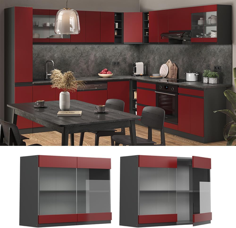 Vicco Küchenschrank Glas R-Line, Rot/Anthrazit, 80 cm J-Shape Rot Hängeglasschrank 80 cm, Rot Hängeg