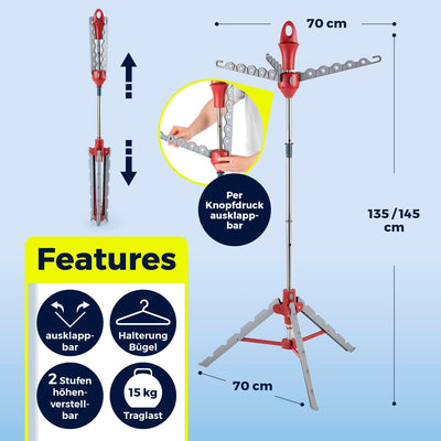 EASYmaxx Wäscheständer Vario für Hemden | Zusammenklappbare Wäschespinne für Bügel | Höhenverstellba