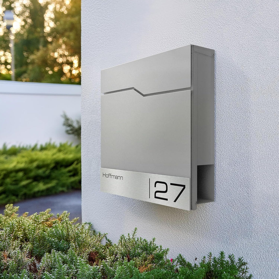 Metzler Briefkasten in RAL 9007 Graualuminium Enno - Wandbriefkasten mit V2A Edelstahl-Namensschild