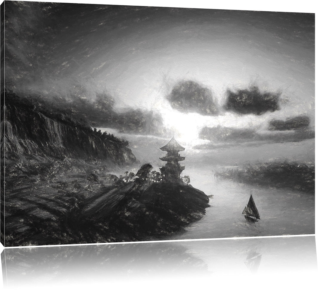Pixxprint Chinesisches Haus am See Kunst / 100x70cm Leinwandbild bespannt auf Holzrahmen/Wandbild Ku
