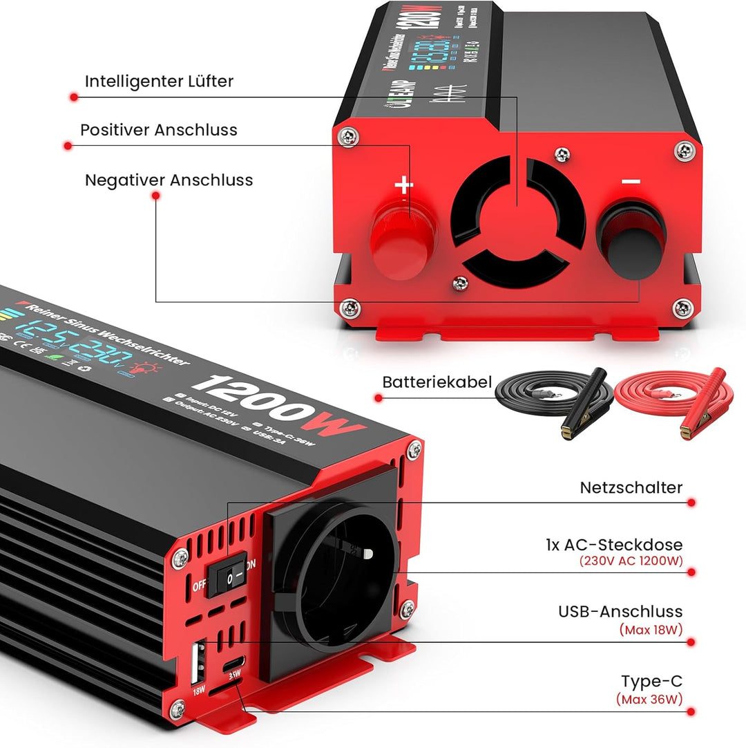 OLTEANP Wechselrichter 12V auf 230V Reiner Sinus,Spannungswandler 1200W Inverter mit LCD-Bildschirma