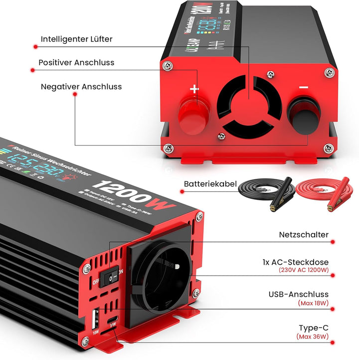 OLTEANP Wechselrichter 12V auf 230V Reiner Sinus,Spannungswandler 1200W Inverter mit LCD-Bildschirma