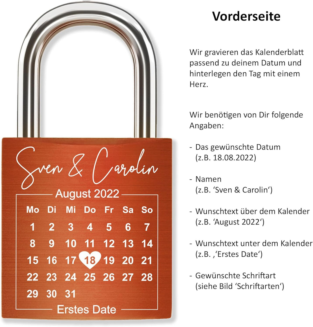 Liebesschloss mit Gravur Kalenderblatt - Orange - gestaltbar mit vielen Farben & Schriften - Jahrest