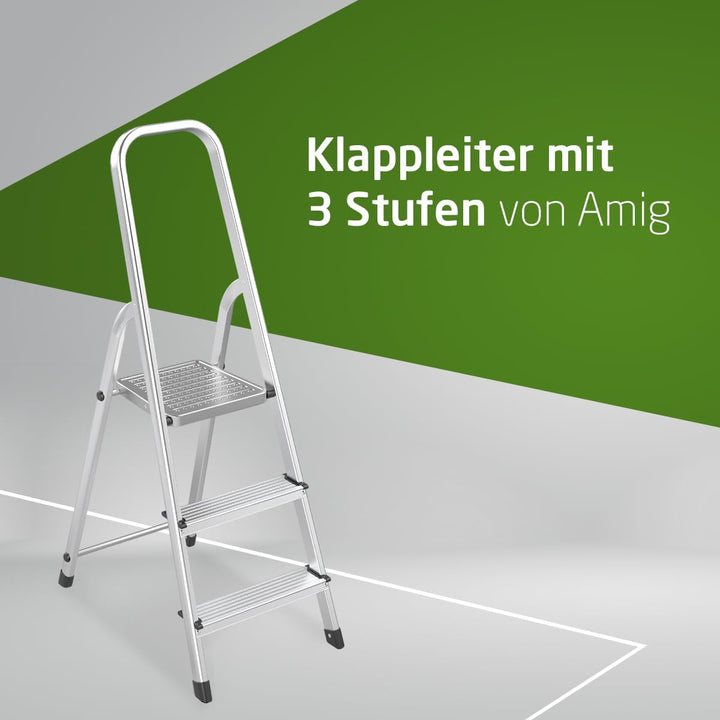 Amig - Klappbare Leiter mit 3 Stufen - Hergestellt aus Aluminium - Masse der kleinen Stufen: 28 cm x