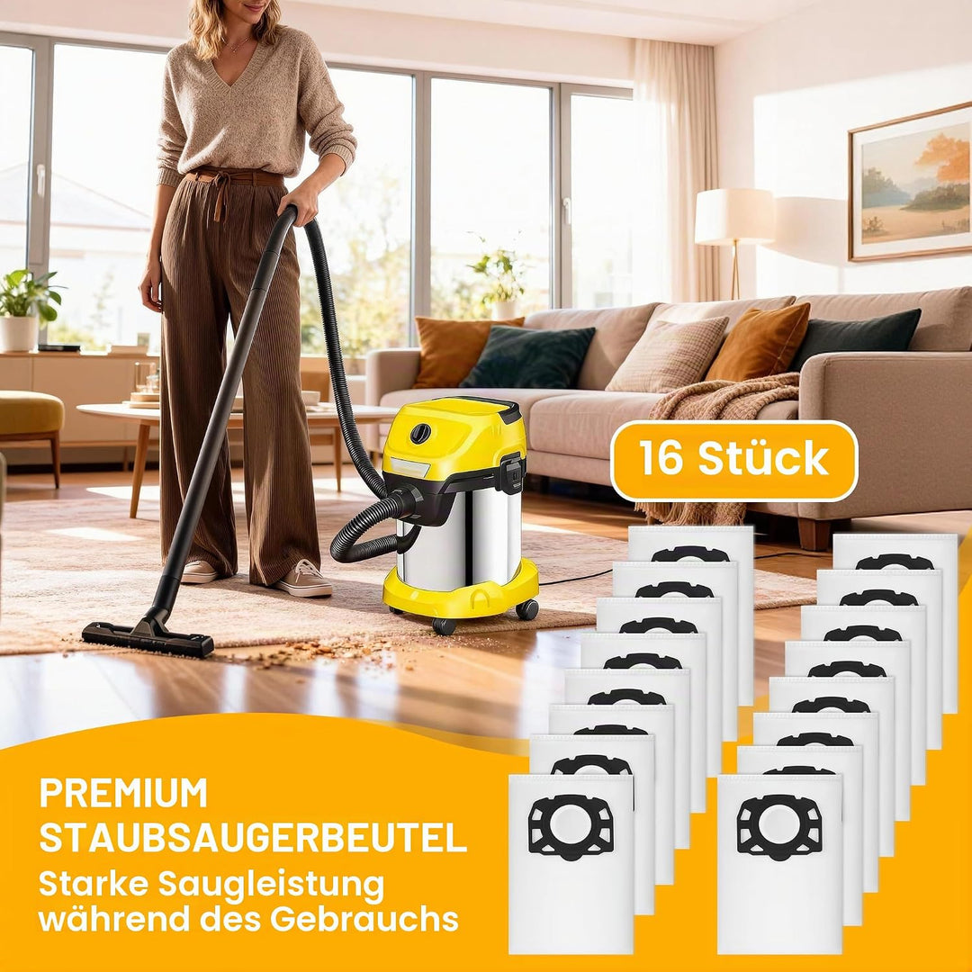 16 Stück KFI 357 Staubsaugerbeutel für Kärcher WD2 WD2 Plus WD3 KWD1 KWD2 KWD3 MV3 WD3.200-WD3.800M