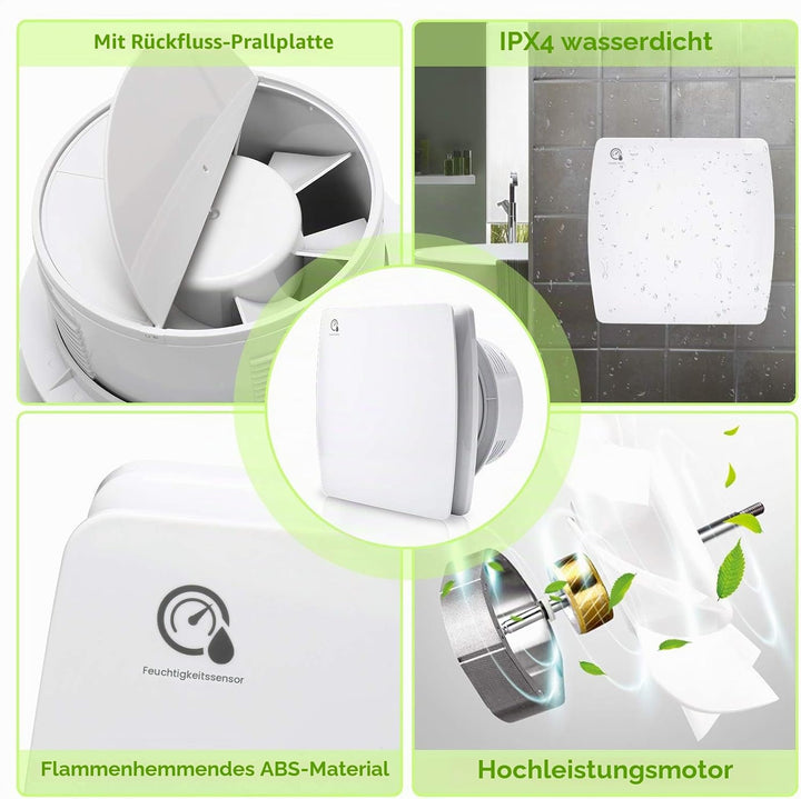 Randaco Badlüfter 150mm mit Feuchtigkeitssensor und Rückstauklappe timer｜Bad Lüfter Abluftventilator