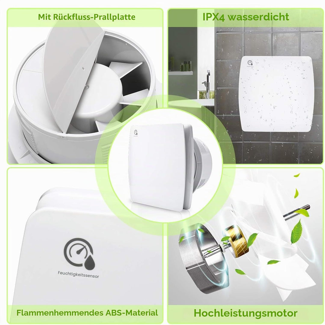 Randaco Badlüfter 100mm mit Feuchtigkeitssensor und Rückstauklappe timer｜Bad Lüfter Abluftventilator