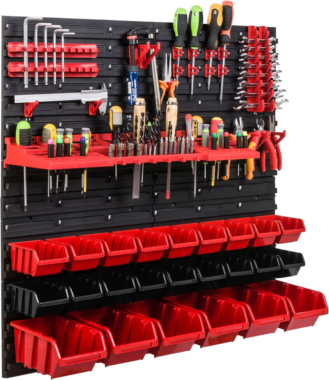 Lagersystem Werkstattregal | 78 x78 cm | 24 stck. Box | Wandregal mit Werkzeughalterungen und Stapel