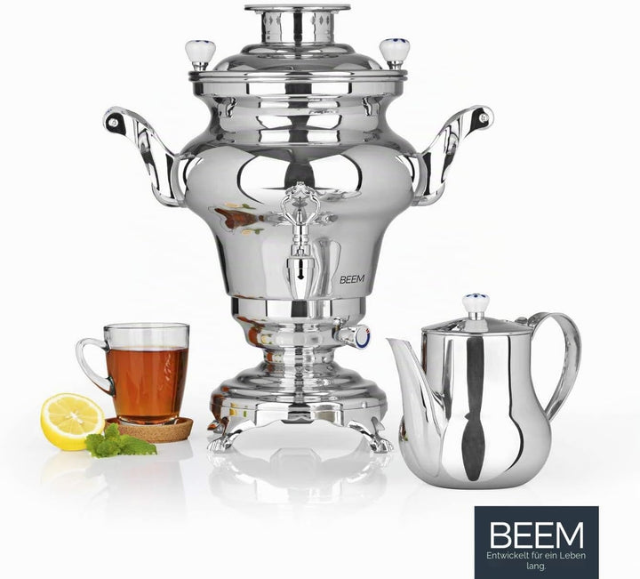 BEEM SAMOWAR Rebecca - 5 l, Teekocher elektrisch, Edelstahl, 5 l Wasserbehälter, 1,3 l Teekanne, Pri
