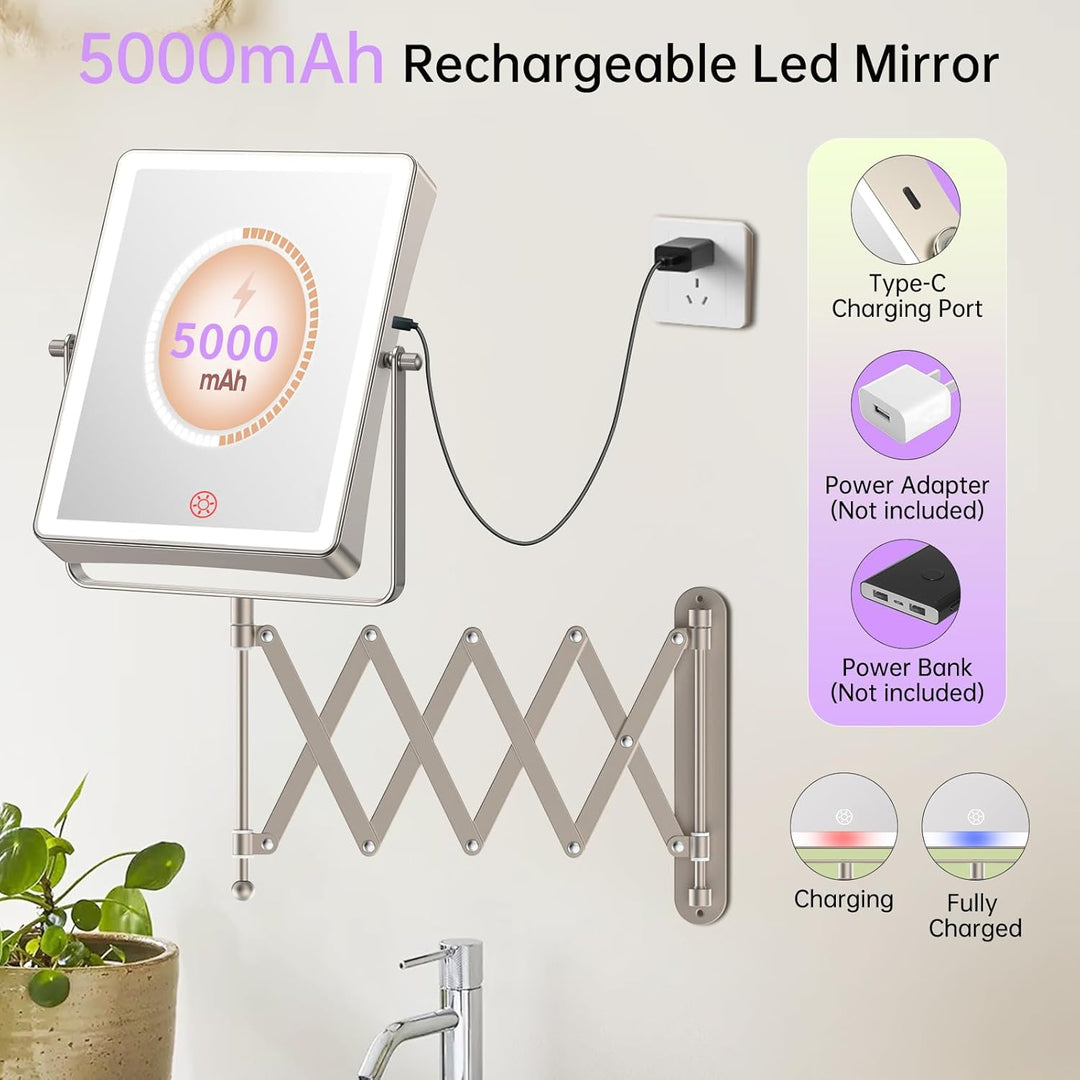 FASCINATE Wiederaufladbarer Kosmetikspiegel Mit Beleuchtung Wandmontage, 5000mah Akku, Doppelseitig