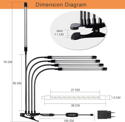 Aogled Pflanzenlampe LED 50W,5 Kopf Pflanzenlicht Vollspektrum,150 LED Grow Light mit Clip,Timing 3/