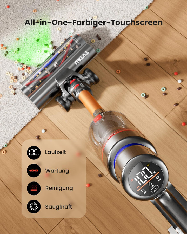 Akku Staubsauger Kabellos 600W 50KPA 70Min,1,8L Staubsauger Kabellos mit Display, Selbststehend mit