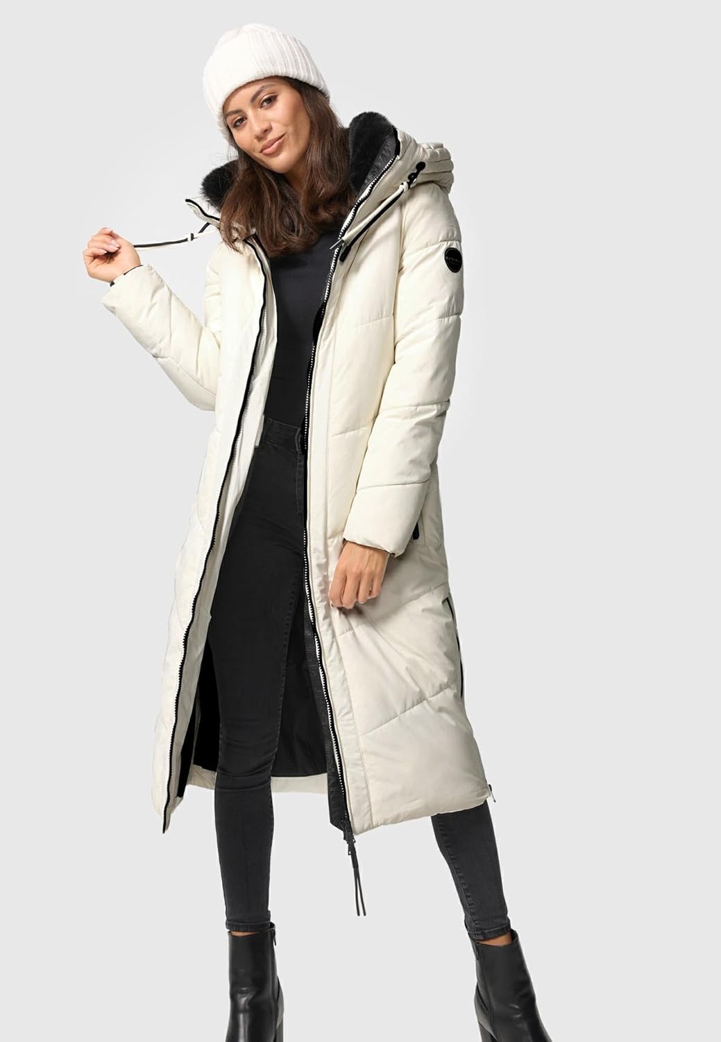 MARIKOO Damen Wintermantel Warmer Steppmantel lang mit Verstellbarer Kapuze und hohem Kragen Nadaree