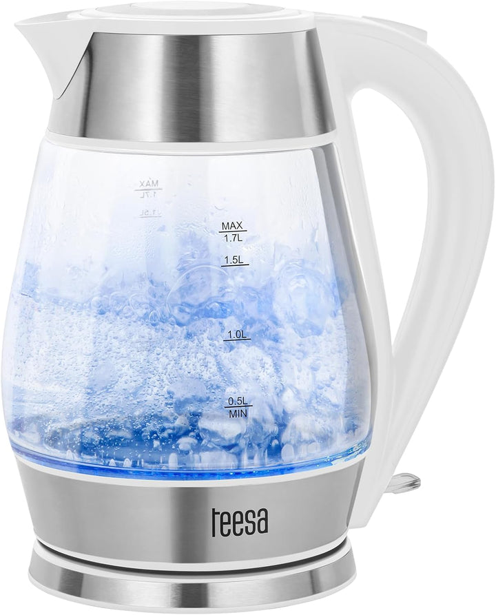 Teesa kabelloser Wasserkocher TSA1512W 1,7 l, Glas, im Betrieb beleuchtet, weiss