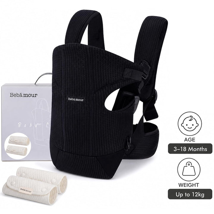 Bebamour Babytrage Vorder und Rückentrage mit 2 Schulterlätzchen, Black, Black