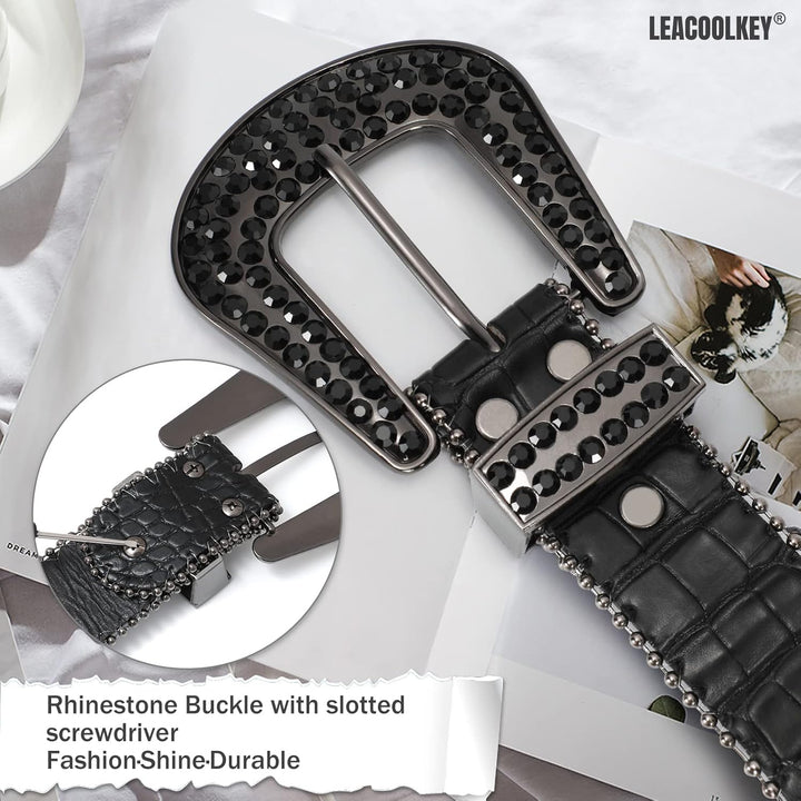 LEACOOLKEY Damen Männer Mode Strass Gürtel, Western Cowgirl Nieten Punk PU Ledergürtel für Jeans M:P