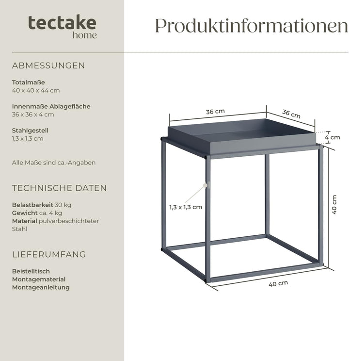 TecTake 800910 Beistelltisch aus Metall, quadratisch, stapelbar, Ablagefläche mit hohem Rand, Tablet