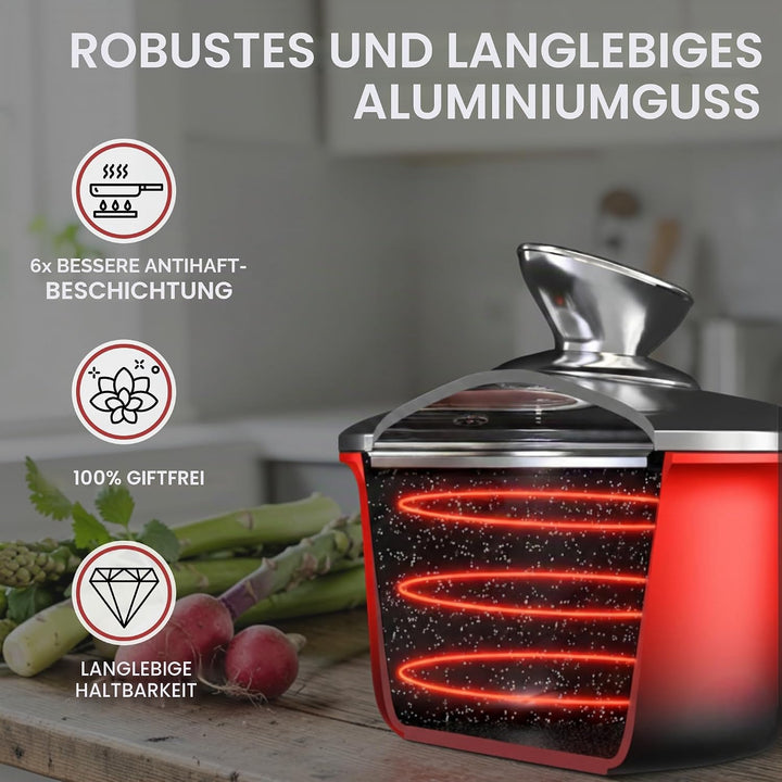 Royal Swiss Kochtopf, schwarz & rot, 2l, Marmorbeschichtung, Glasdeckel, geeignet für Induktion & Of