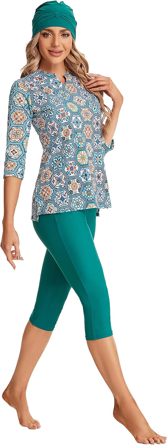 3/4 Sleeve Bescheidene Badeanzug für Frauen und Mädchen Elegante Kurzarm Bikinis Surfen Bademode Gep