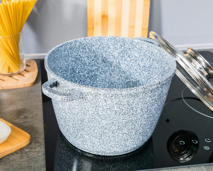 Topf 6,2 L - Robuster Kochtopf mit Deckel mit Aroma-Knopf - Marmorbeschichtung und Keramikbeschichtu