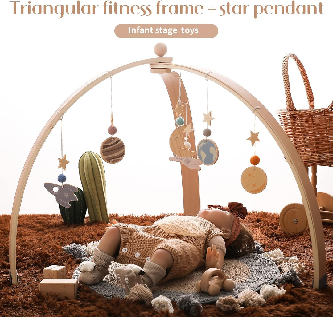 WOODEN TEETHER Spielbogen Baby aus Holz mit 5 abnehmbaren sensorischen Spielzeugen | Montessori Spie