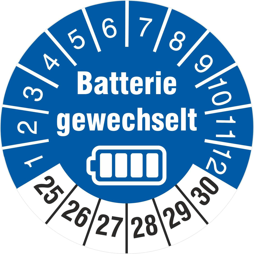 500 Prüfetiketten Batterie gewechselt 30 mm Batteriewechsel durchgeführt 2025-2030 Prüfplaketten 500