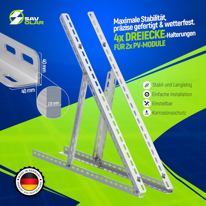 2 Sets SAVOLAR Solarmodul Halterung Balkonkraftwerk bis 117cm (46 Zoll) Winkel Einstellbar 0-90°, Ro